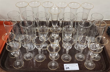 Tray 20 Pc. Gold Rimmed Stemware + 10 Etched Glass Glasses w/Carry Cases