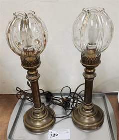 Pr. Brass Lamps w/Frosted + Gilt Shades