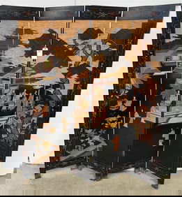 Chinese Lacquer 4 Fold Screen 6' H X 16" W Ea. Section