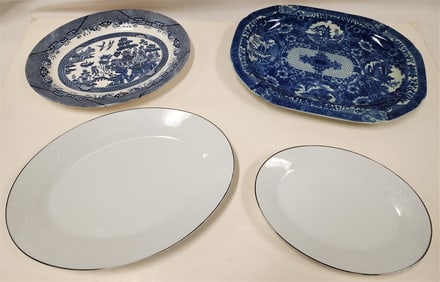 Bx Platters - 2 Noritaki "Reina", English Blue & White Ironstone 17" X 13", Willow By Churchill 12"