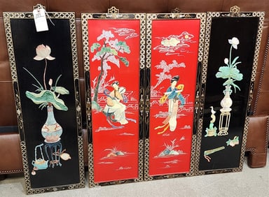 8 Chinese Enamel Placques w/Stone Applique - 4- 36" X 12" + 4- 25" X 10"