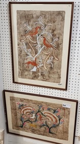 2 Framed Mexican Folk Art Amate Bark Ptgs. 16" X 23" w/Frame 28 1/2" X 21" + 16" X 24" w/Frame 21" X