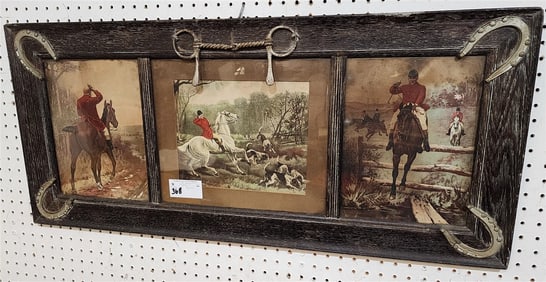 3 Part Oak Framed Tryptic Fox Hunt Prints 17" X 38"