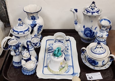 Tray Russian Porcelain Tea Set, Candlestick, Egg Coddlers, Etc.
