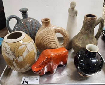 Tray Ceramics & Pottery - Decanter Sgnd Denbac, Pitcher Sgnd Les Yveline, Etc.