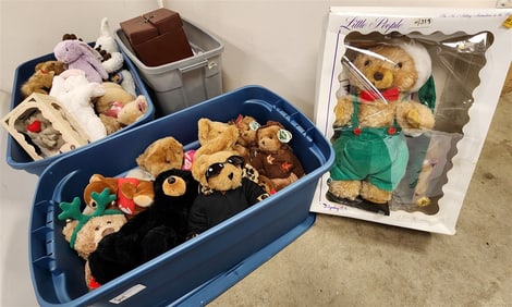 Lot 3 Tubs Of Stuffed Bears & Bunnies + 1 Bx'd Display Arts "Little People" Animated Bear