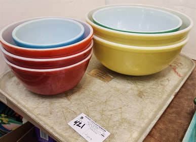 Tray Vintage Pyrex Mixing Bowls - 2-4 1/2" H X 10 1/2" Diam.,  4" H X 8 3/4" Diam., 4" X 7" Diam. +