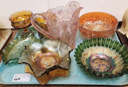 Tray 8 Pcs. Carnival Glass Incl. Imperial Glass For Lenox Tiger Lily Pitcher, Imperial Marigold