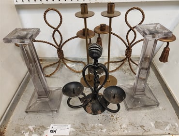 Tray Candelabras & Candlesticks - Pr. Metal Wire 13" H X 13 1/2" W, Iron 11" H, Pr. Pressed Glass 11