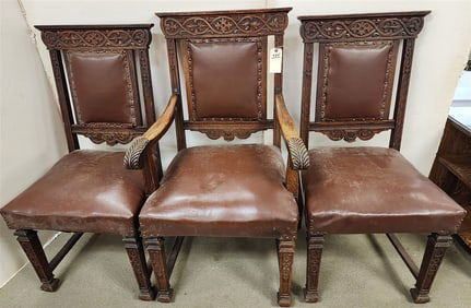 3 Vintage Oak Chairs - 1 Armchair