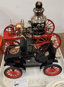 Tray 2 Jim Beam Figural Decanters - Antique Car + Fire Truck