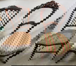 Victorian Walnut Carved Side Chair + 19th C Wicker Seat Chair