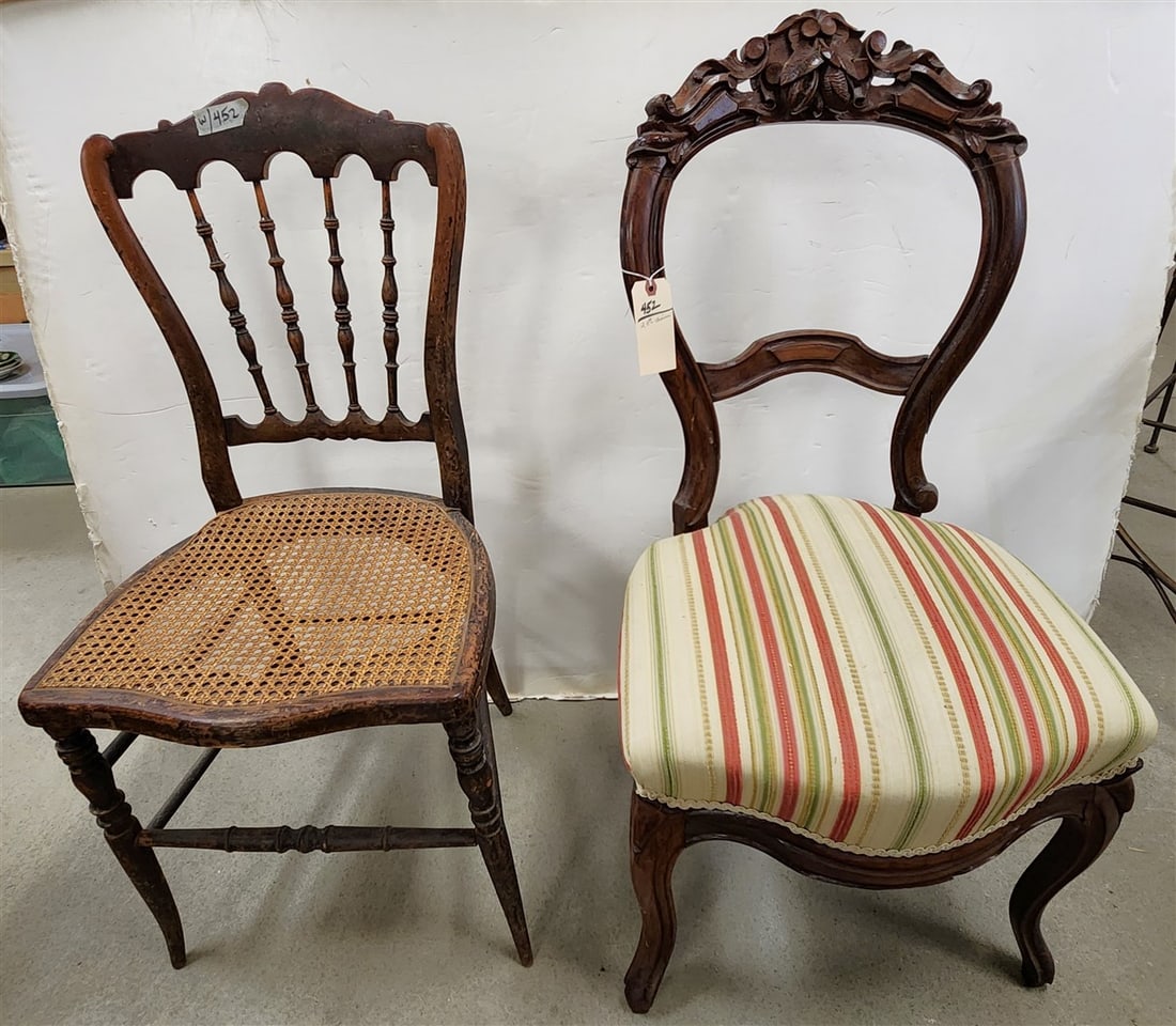 Victorian Walnut Carved Side Chair + 19th C Wicker Seat Chair: Victorian Walnut Carved Side Chair + 19th C Wicker Seat Chair