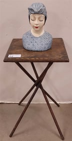 Oak Side Table 26" H X 16" Sq. + Bust Of A Woman w/Bandana