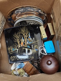 Bx Plates Incl. Longwy, Russian Porcelain Figurines, Dresser Clocks, Etc.