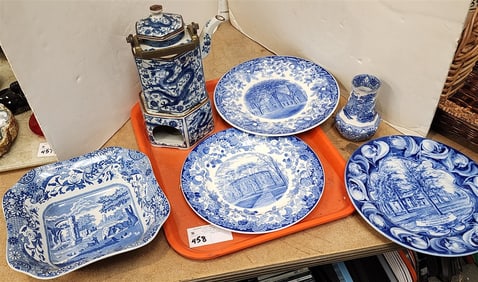 Tray Blue & White Spode Bowl, Wedgewood Harvard Plate + Vassar College Plate, Royal Daulton The