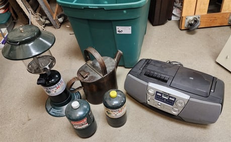 Tub Sony CD/Radio/Cassette/Recorder + Coleman Propane Lantern + Copper Watering Can Sgnd P.T.