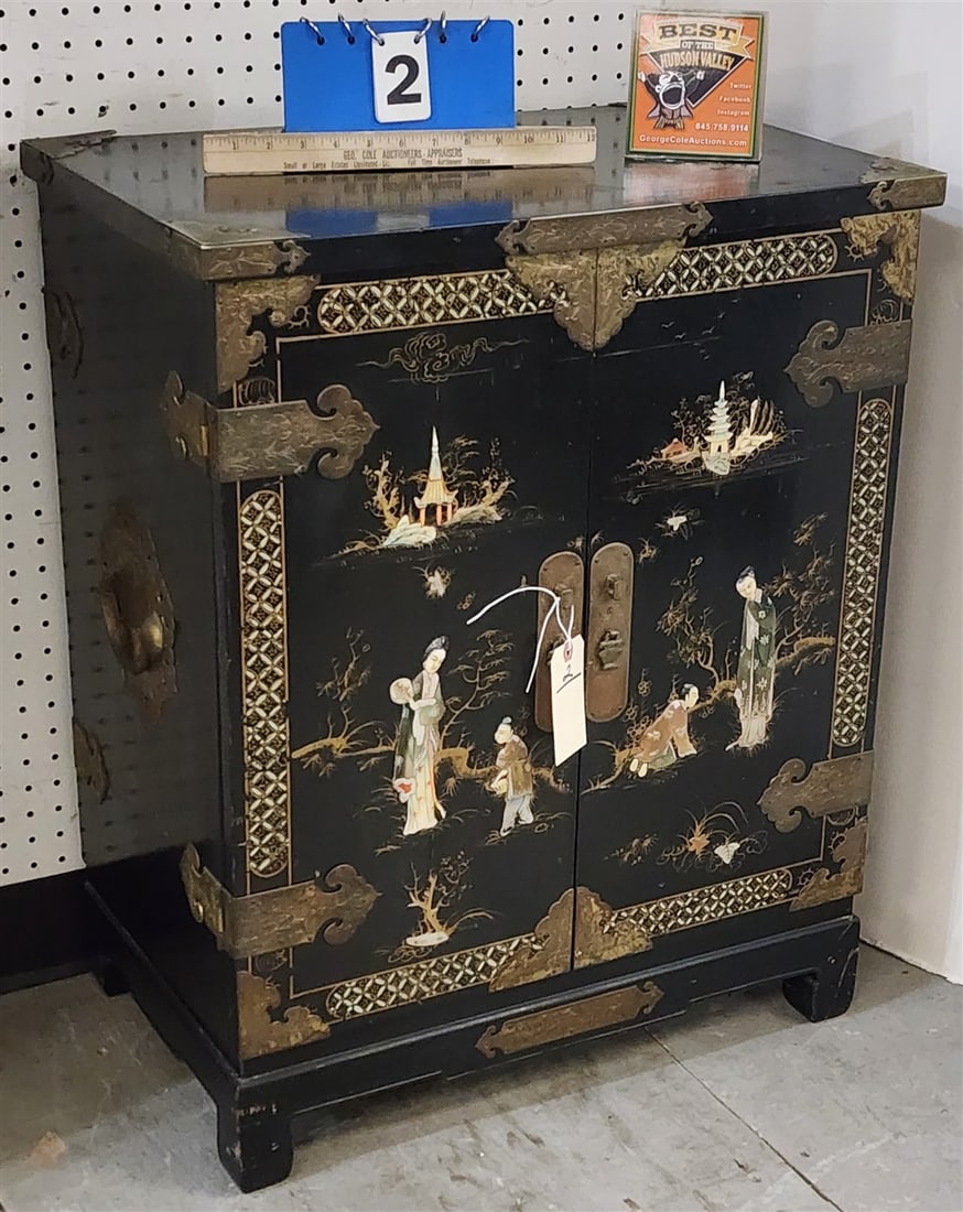 Chinese Lacquered 2 Door Cabinet w/Carved Stone Inlay 30" H X 24" W X 15" D (1 of 3)