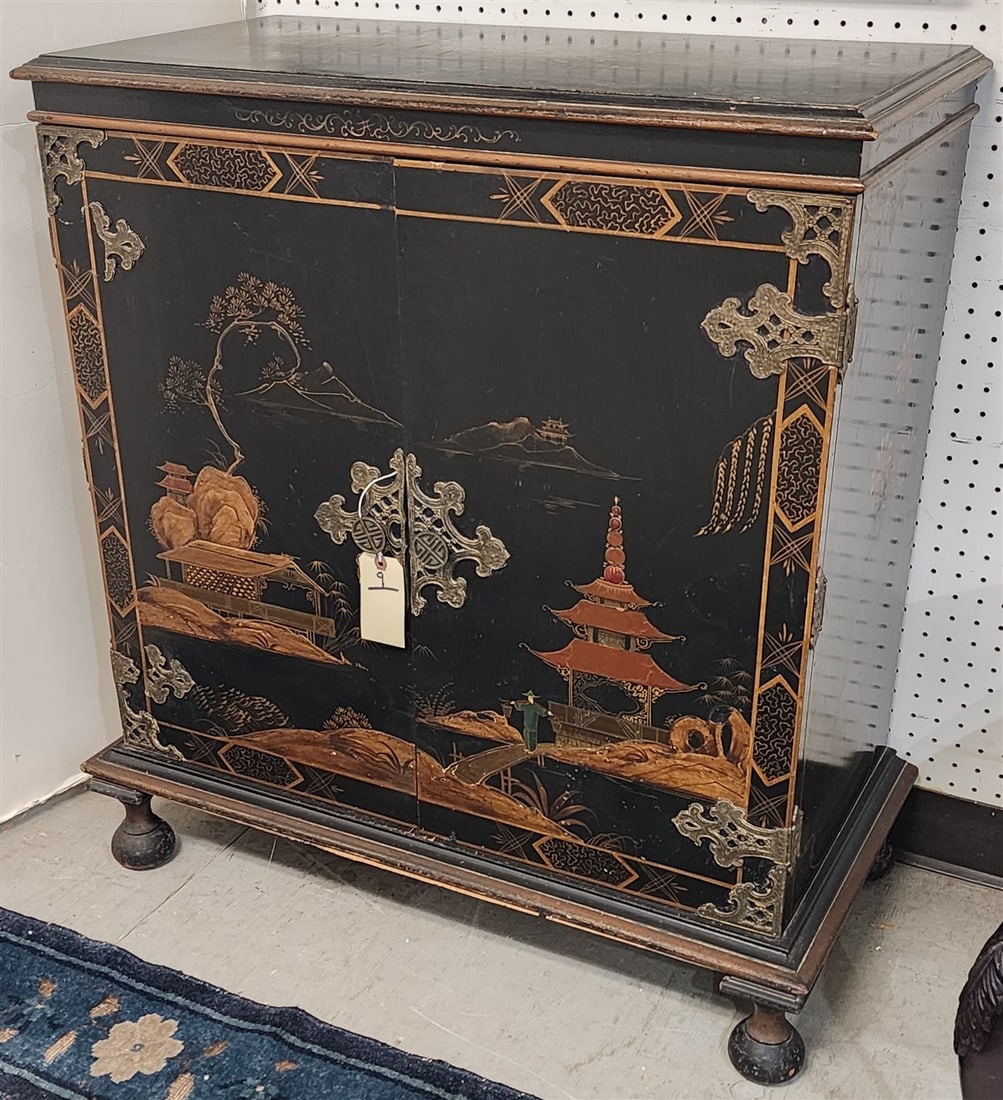Chinese Lacquer 2 Door Cabinet 35 1/2" H X 31 1/2" W X 16" D (1 of 4)