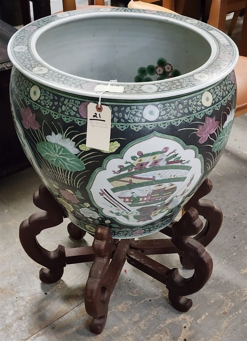 Pr. Chinese Porcelain Fish Bowls 18" H X 20 1/2" Diam. On Wooden Stands 15" H X 24" Diam. (1 of 9)