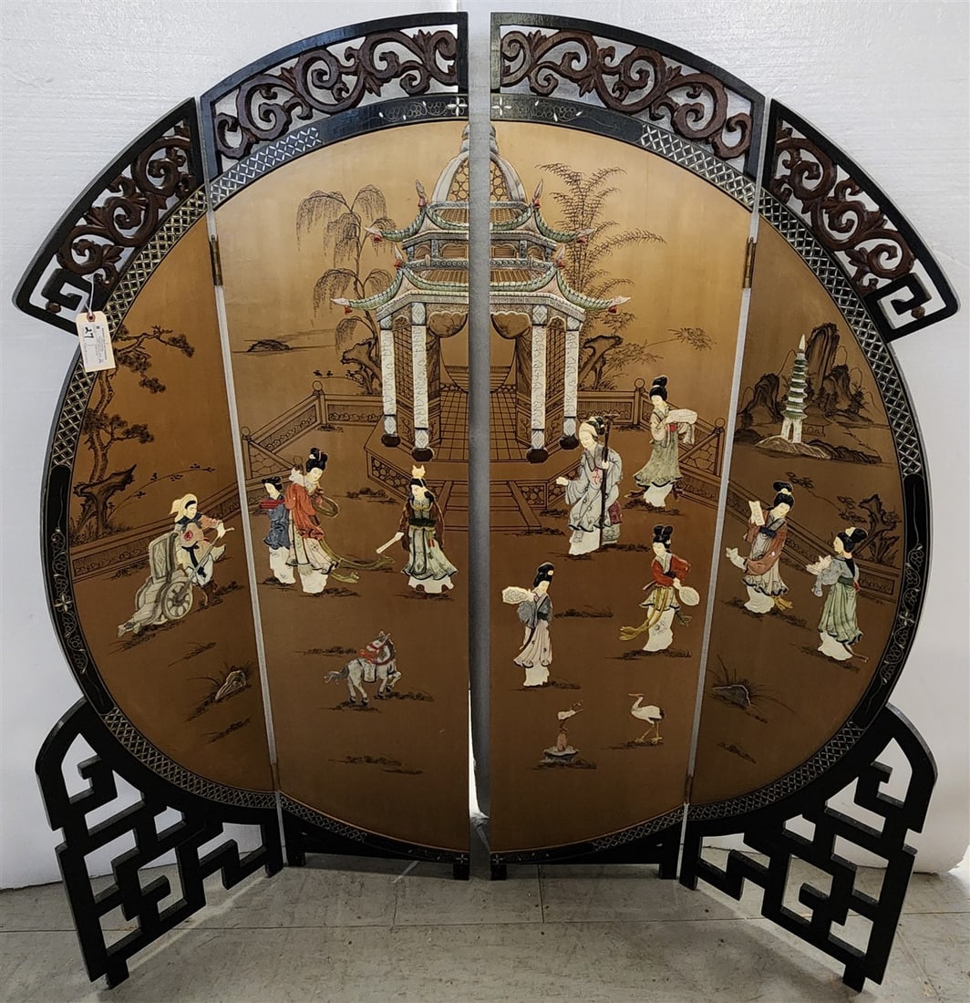 4 Fold Chinese Lacquer Screen w/Stone Applique Figures 6' H X 18" W Ea. Panel (1 of 9)