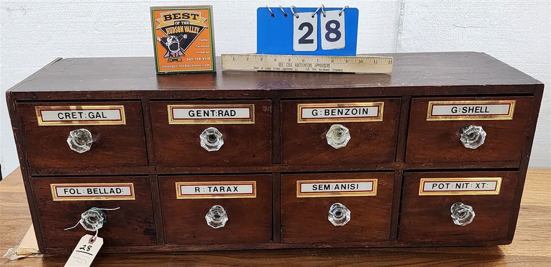 19th C 8 Drawer Mahogany Apothecary Chest 11 3/4" H X 34" W X 11 1/4" D (1 of 3)