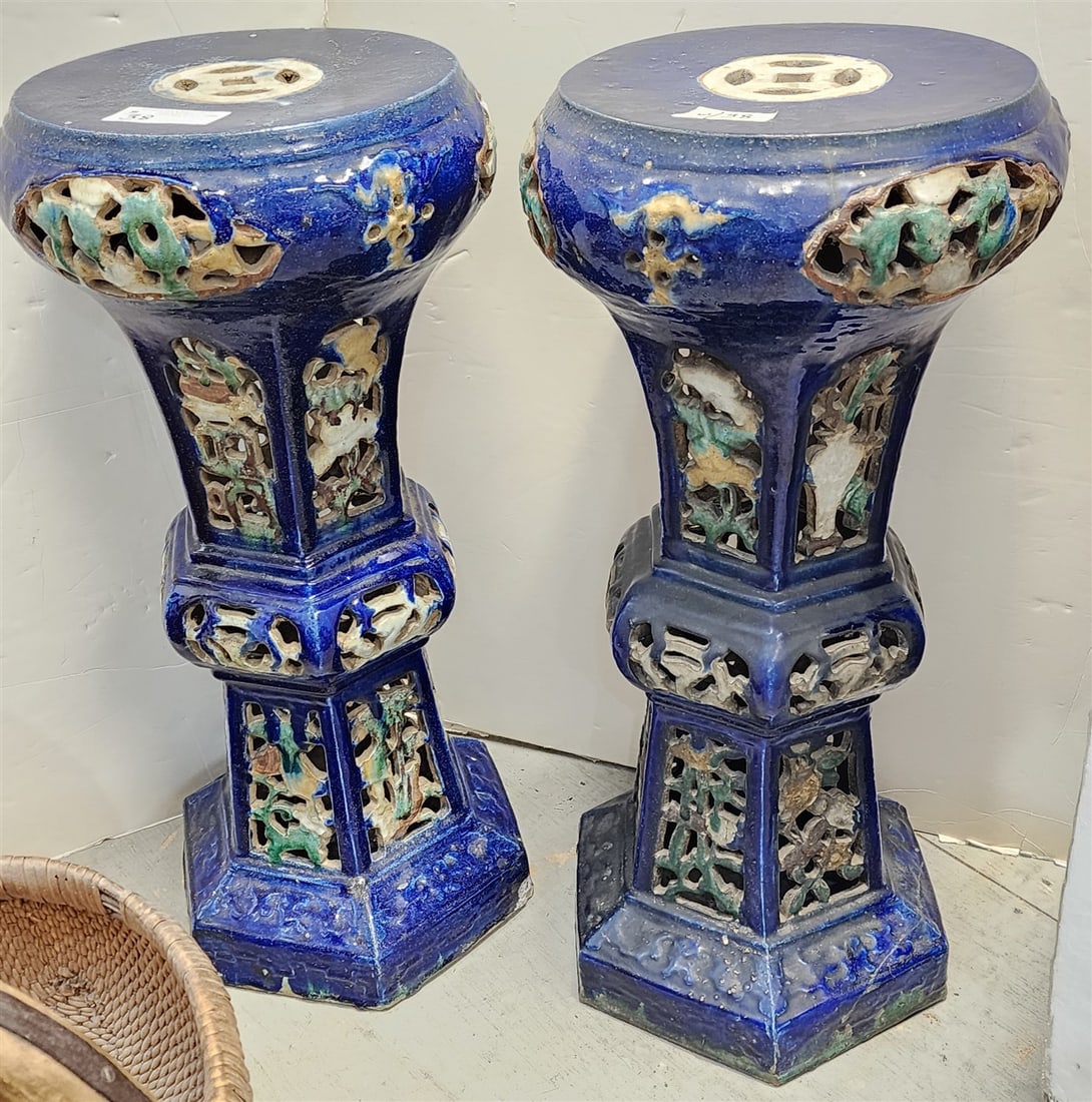 Pr. Chinese Glazed Pottery Pedestals 29 1/2" H X 14" Diam. (1 of 2)