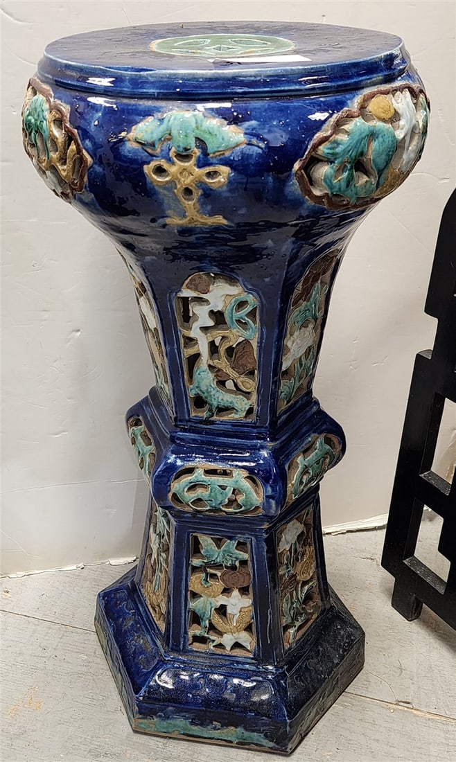 Chinese Glazed Pottery Pedestal 30" H X 14" Diam. (1 of 2)