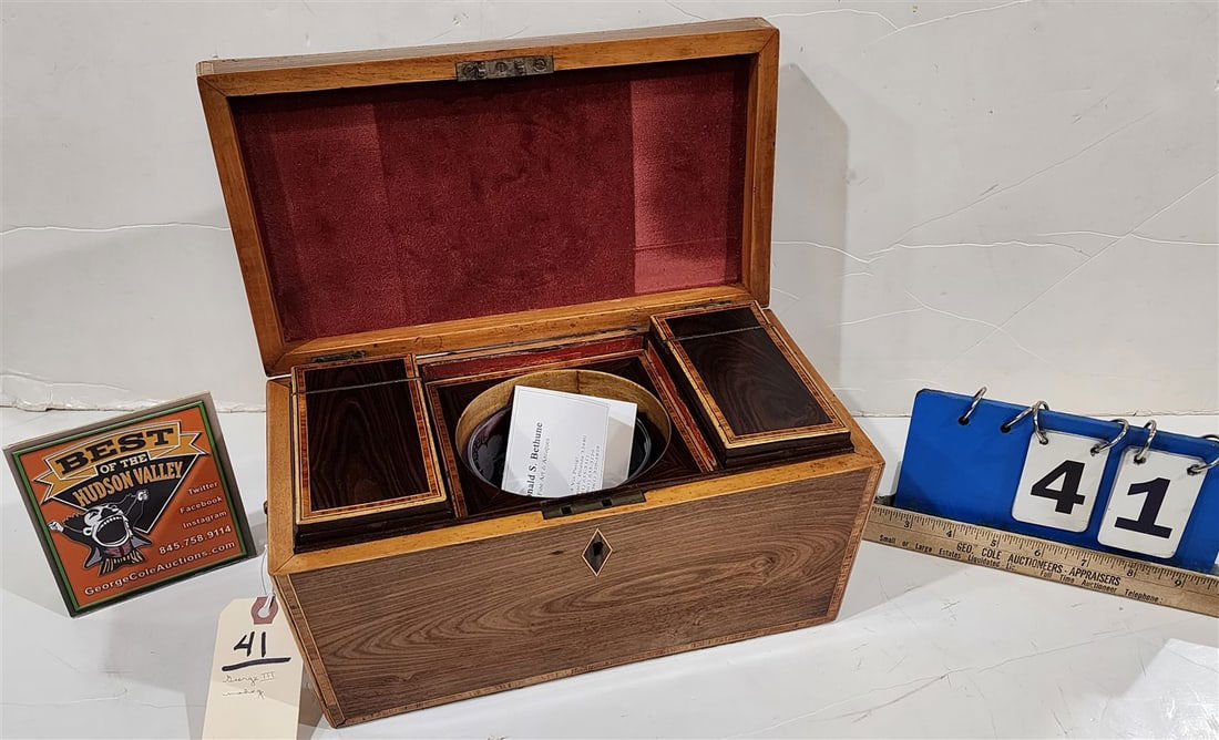 George III Mahogany Tea Caddy w/Inlay 7" H X 12" W X 6 1/2" D (1 of 4)