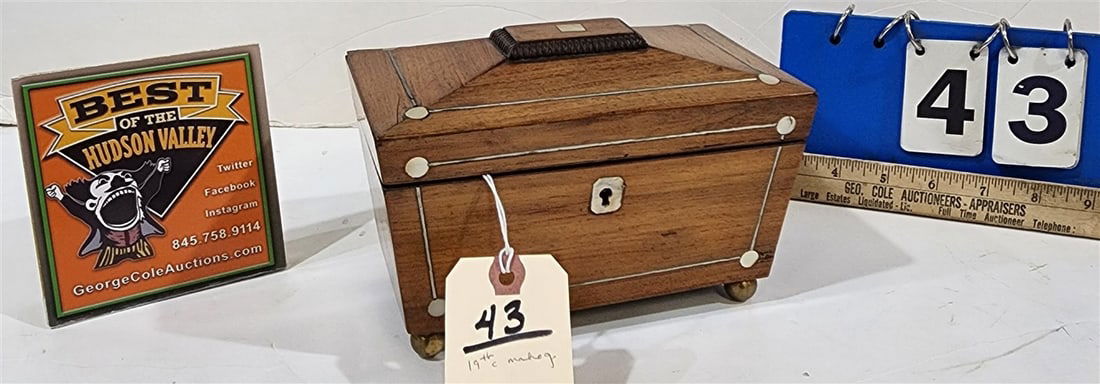 19th C Mahog Tea Caddy w/MOP & Pewter Inlay 5" H X 7 1/2" W X 4 1/2" D (1 of 4)