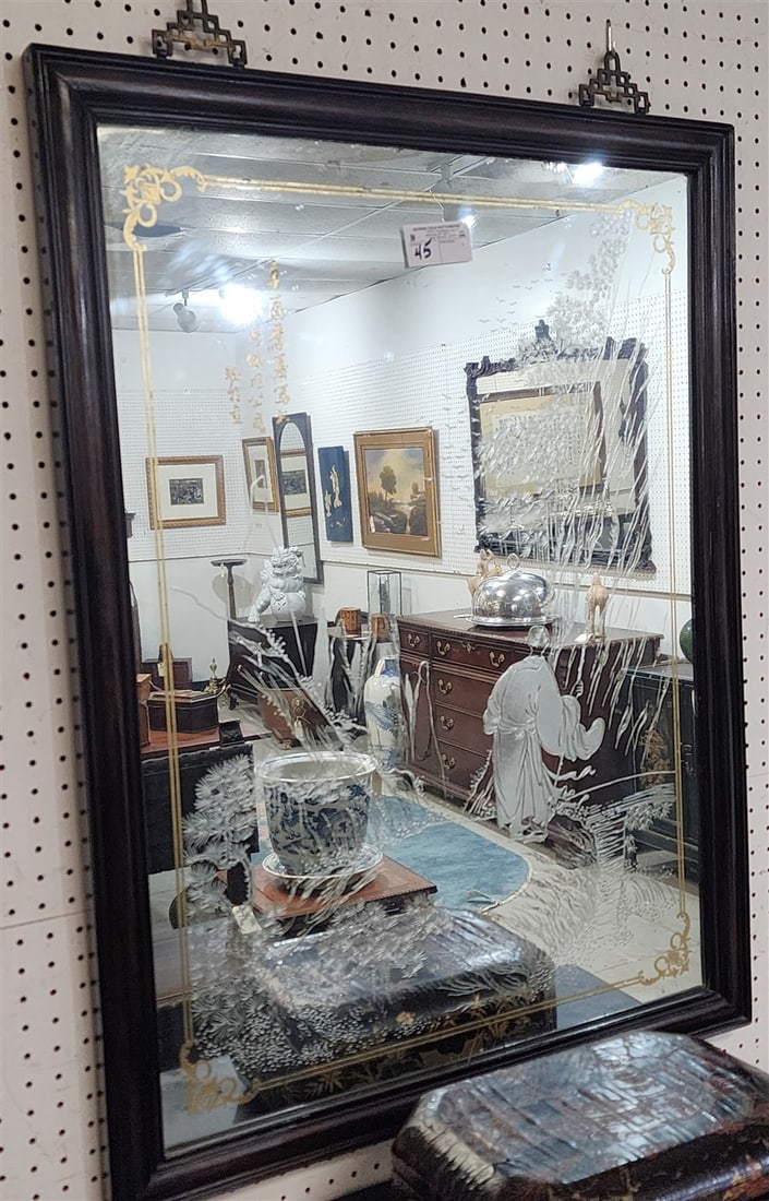 Framed Chinese Chinoiserie Reverse Ptd. Eglomise Wall Mirror 39 1/2" X 29 1/4" (1 of 3)