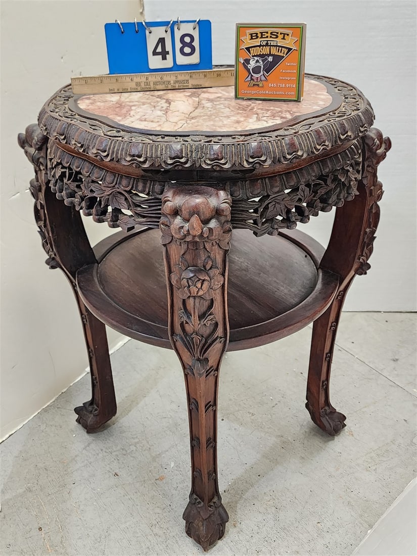Chinese Carved 2 Tier Stand w/Marble Top (Marble Has Crack) 32" H X 26" Diam. (1 of 6)