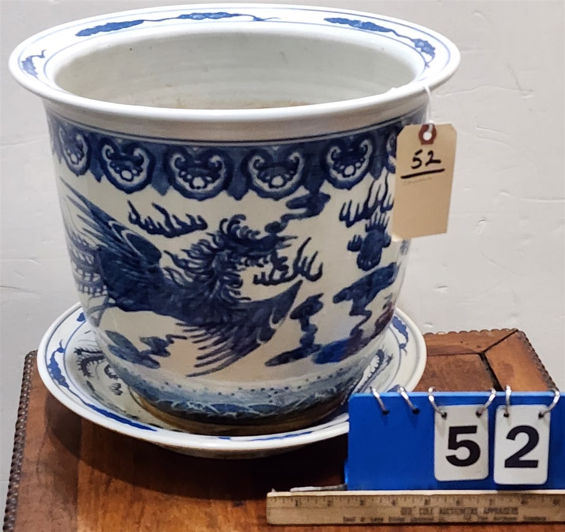 Chinese Blue & White Porcelain Flower Pot Dragon & Phoenix Motif w/Liner: Chinese Blue & White Porcelain Flower Pot Dragon & Phoenix Motif w/Liner