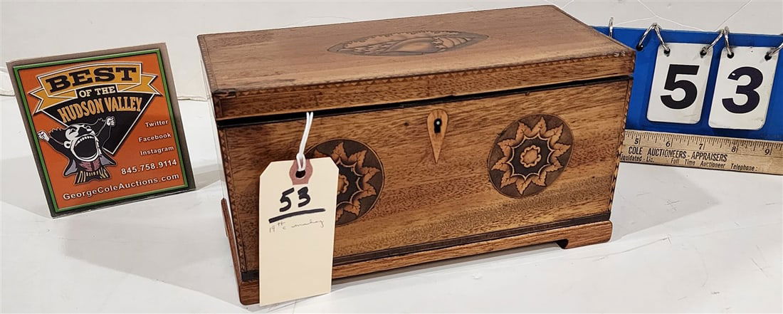 19th C Mahog Tea Caddy w/Inlay 5 1/2" H X 10" W X 4 3/4" D (1 of 4)