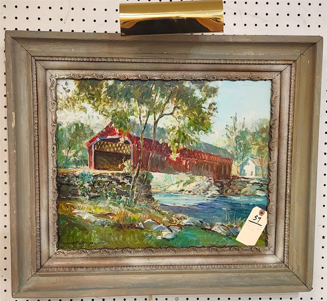 Oil On Masonite Landscape w/Covered Bridge Sgnd Emmitt Ftiz Vermont 16" X 20" w/Frame 22 1/2" X 27 (1 of 2)