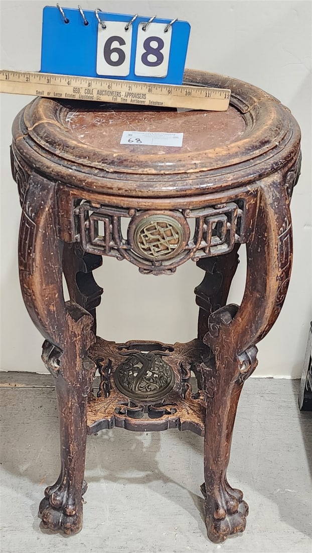 Chinese Carved Stand w/Marbletop & Bronze Applique 25 1/2" H X 14" Diam. (1 of 2)