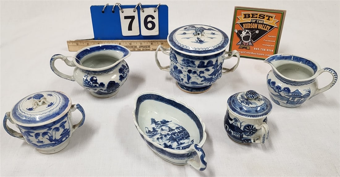 Tray 6 Pcs. Canton - 2- Lidded Sugar Bowls 5" H X 4" Diam. + 4" H X 3 1/4" Diam., Pot De Cr?me (1 of 6)