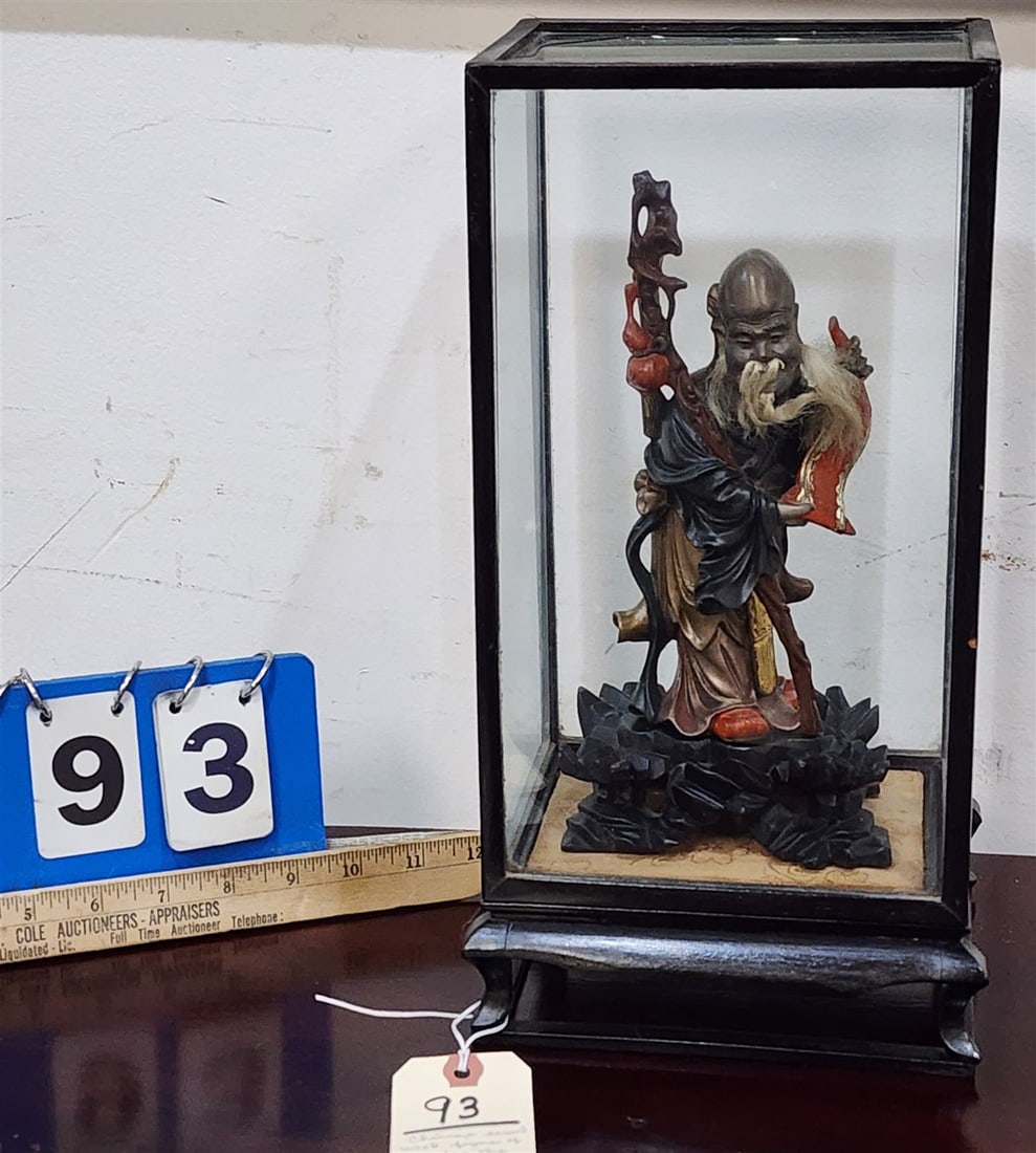 Chinese Carved Wood Statue Of Shoulao, The God Of Longevity 9 3/4", In Glass Case 14" H X 7 1/4" W (1 of 3)