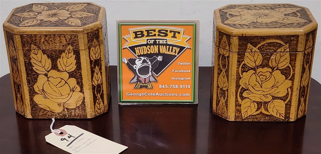 C1870 Pr. Octagonal Poker Work Tea Caddy's 5" H X 4 3/4" W X 3 3/4" D: C1870 Pr. Octagonal Poker Work Tea Caddy's 5" H X 4 3/4" W X 3 3/4" D