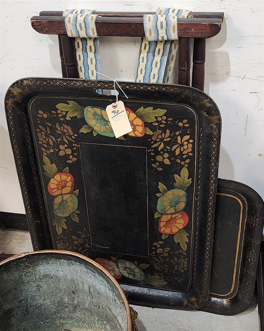 19th C Decorated Tole Tray 30 1/2" X 22 1/2" w/Folding Stand + Small Tray (1 of 5)