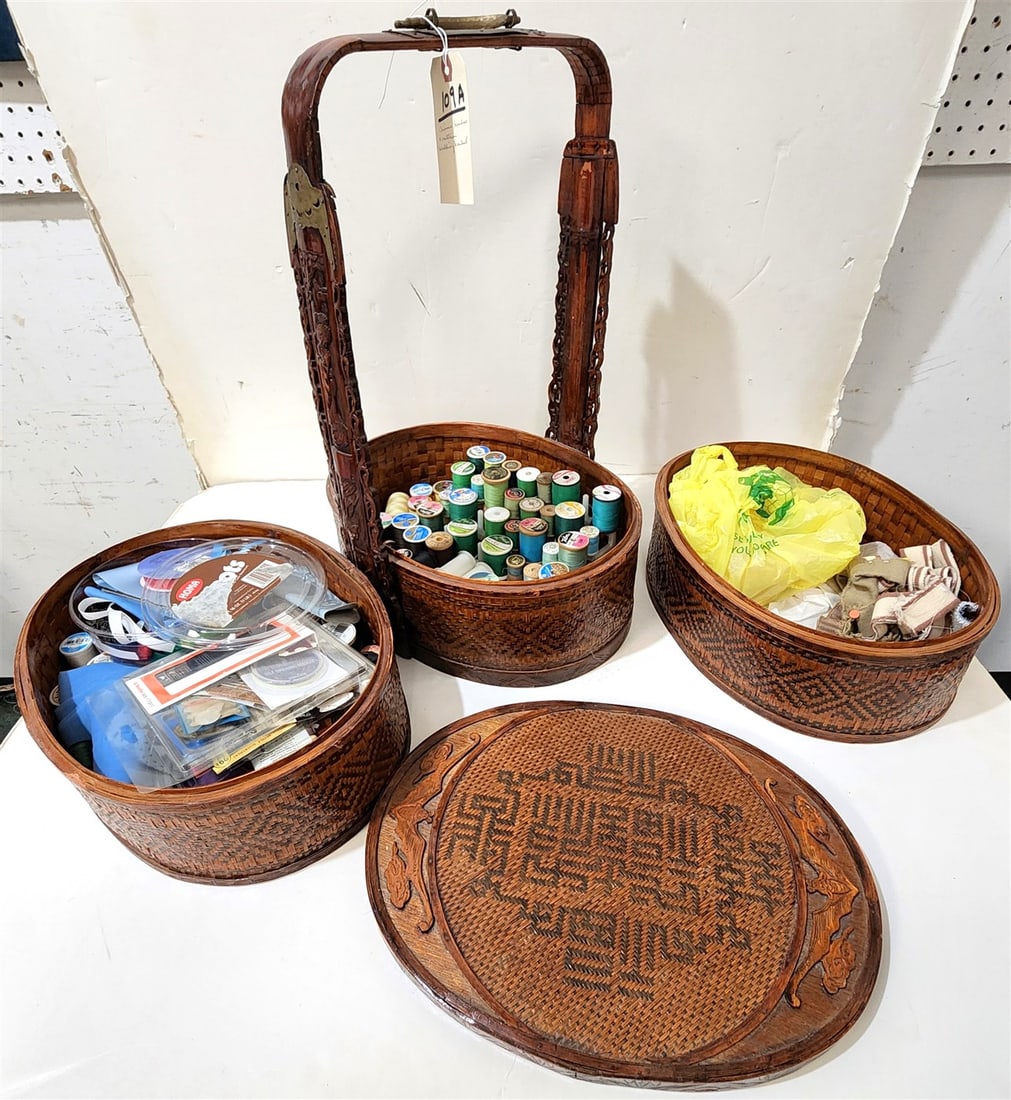 Chinese Bamboo & Rattan 3 Tiered Wedding Basket 21 1/2" H X 16" W X 13" D Filled w/Sewing (1 of 3)