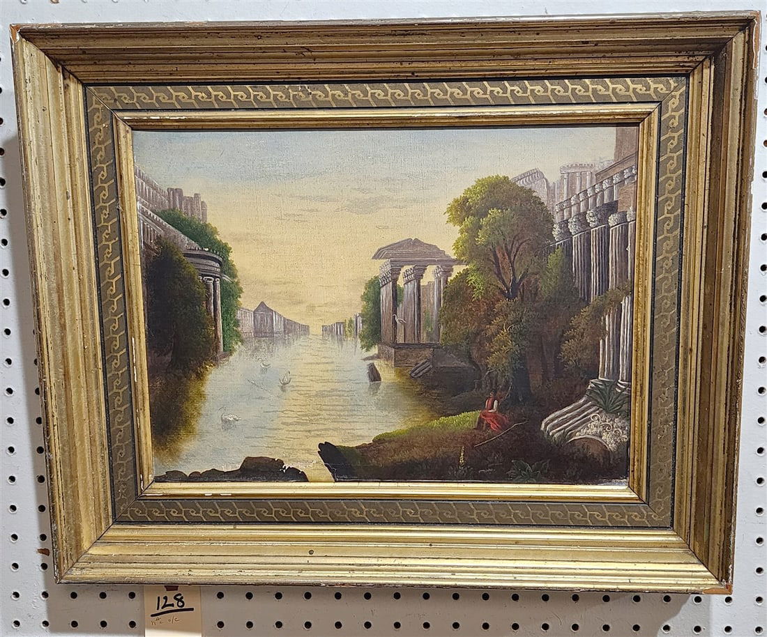 Framed 19th C Classical Ruins Landscape Unsgnd 12" X 16" w/Frame 17 1/2" X 21 1/2": Framed 19th C Classical Ruins Landscape Unsgnd 12" X 16" w/Frame 17 1/2" X 21 1/2"