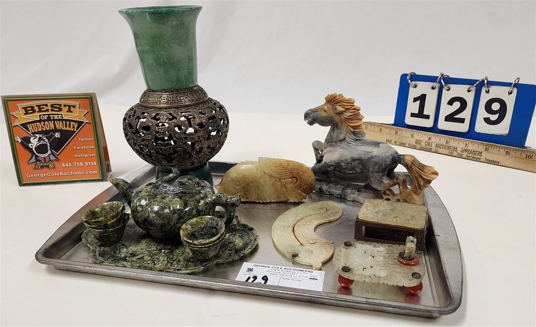 Tray Chinese Items - Jade & Reticulated Bronze Vase 8 1/2" H, Jade Mini Tea Set Incl. Pot, Tray & 6: Tray Chinese Items - Jade & Reticulated Bronze Vase 8 1/2" H, Jade Mini Tea Set Incl. Pot, Tray & 6 Cups, Carved Stone Horse 4 1/2" H X 6 1/2" L, Jade Carved Fish 2 1/2" H X 4 1/2" L, Carved Jade