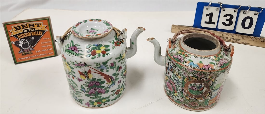 Tray 2 Tea Pots - Famille Rose 6" H X 5" Diam. + Rose Medallion (No Lid) 5" H X 4 1/2" Diam. (1 of 5)