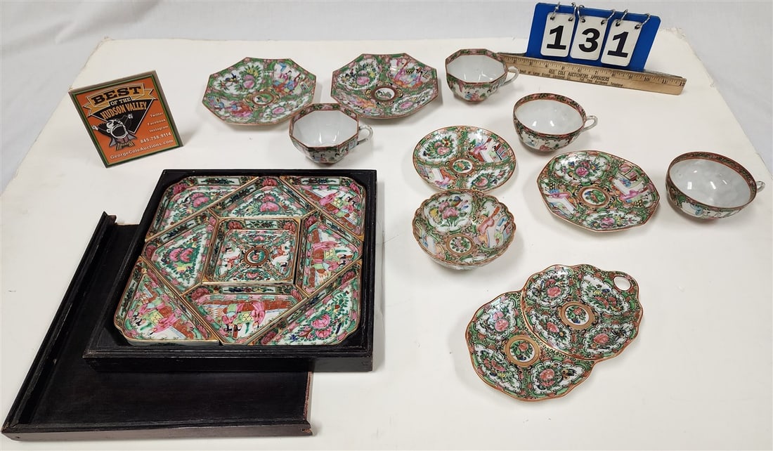 Tray Rose Medallion - 9 Pc. Sweetmeat Set Marked 'Made In Hong Kong' (In Red) 2" H X 11" Sq., Pr.: Tray Rose Medallion - 9 Pc. Sweetmeat Set Marked 'Made In Hong Kong' (In Red) 2" H X 11" Sq., Pr. Cups & Saucers Marked 'China' (In Red), Pr. Octagonal Cups & Saucers Marked 'Made In China' (In Red),