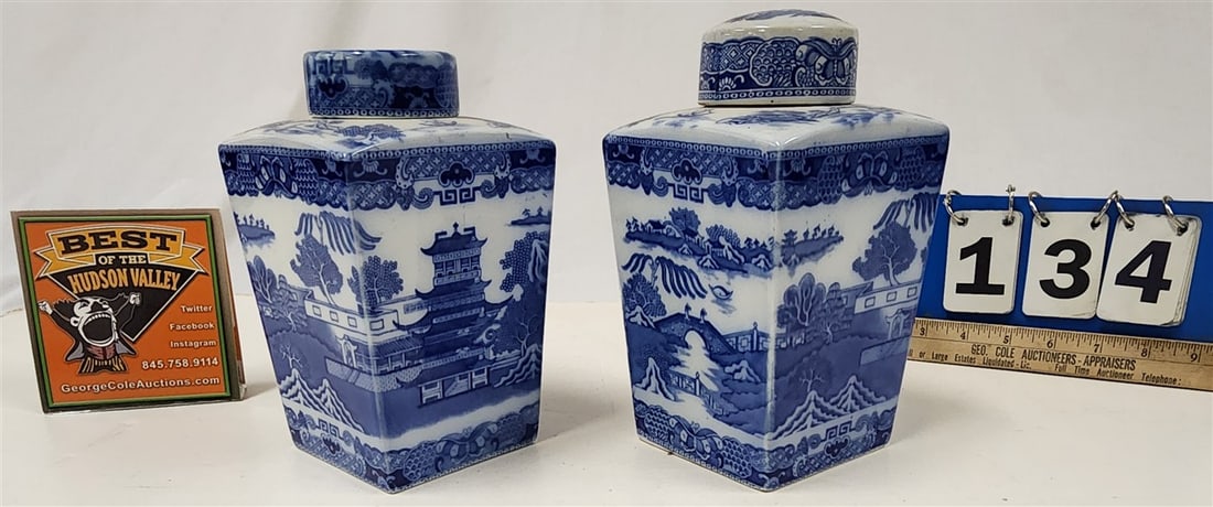 Tray Vintage 2 Ringtons Tea Merchants Porcelain Tea Caddy's 7 1/2" H X 4 1/2" Sq.: Tray Vintage 2 Ringtons Tea Merchants Porcelain Tea Caddy's 7 1/2" H X 4 1/2" Sq.