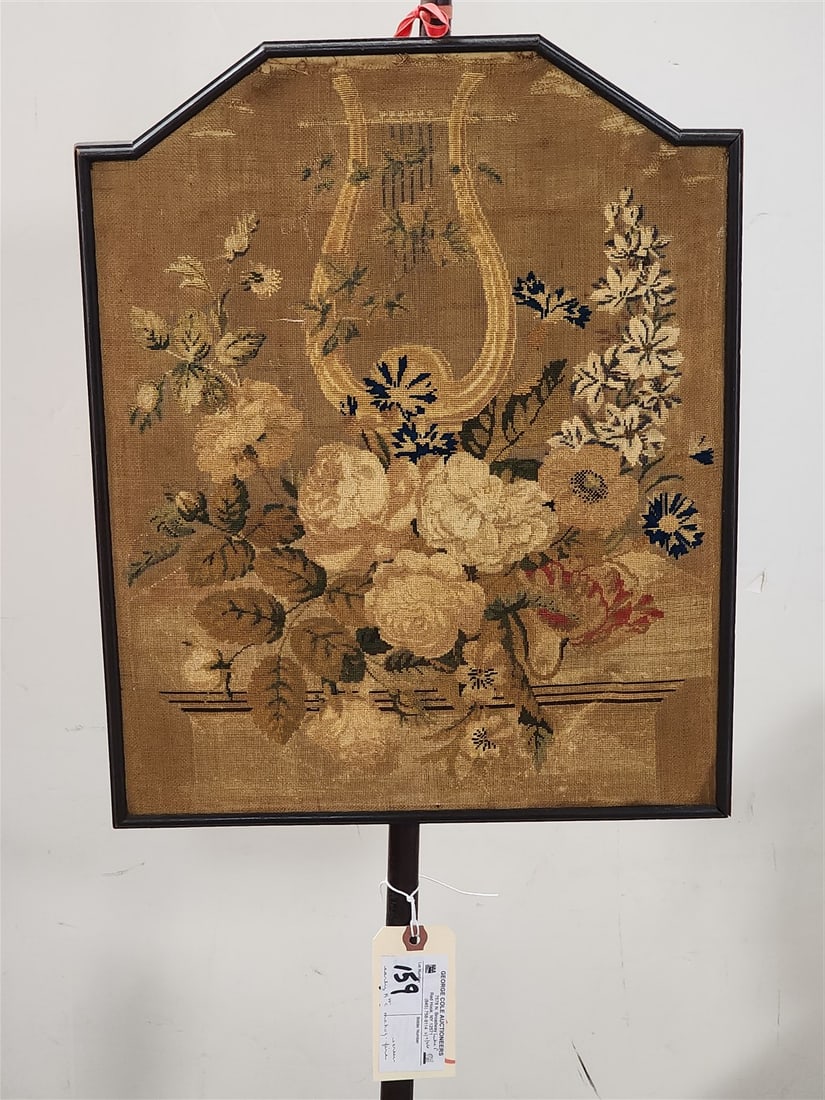 Early 19th C Mahogany Fire Screen Petit Point Shield 59 1/2" H (1 of 3)