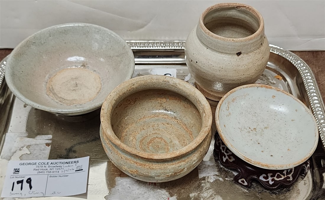 Tray 4 Pc. Chinese Pottery - Song Dynasty Dish 1" H X 3 1/2" Diam., Qing Dynasty Tea Cup 1 3/4" X 4 (1 of 2)