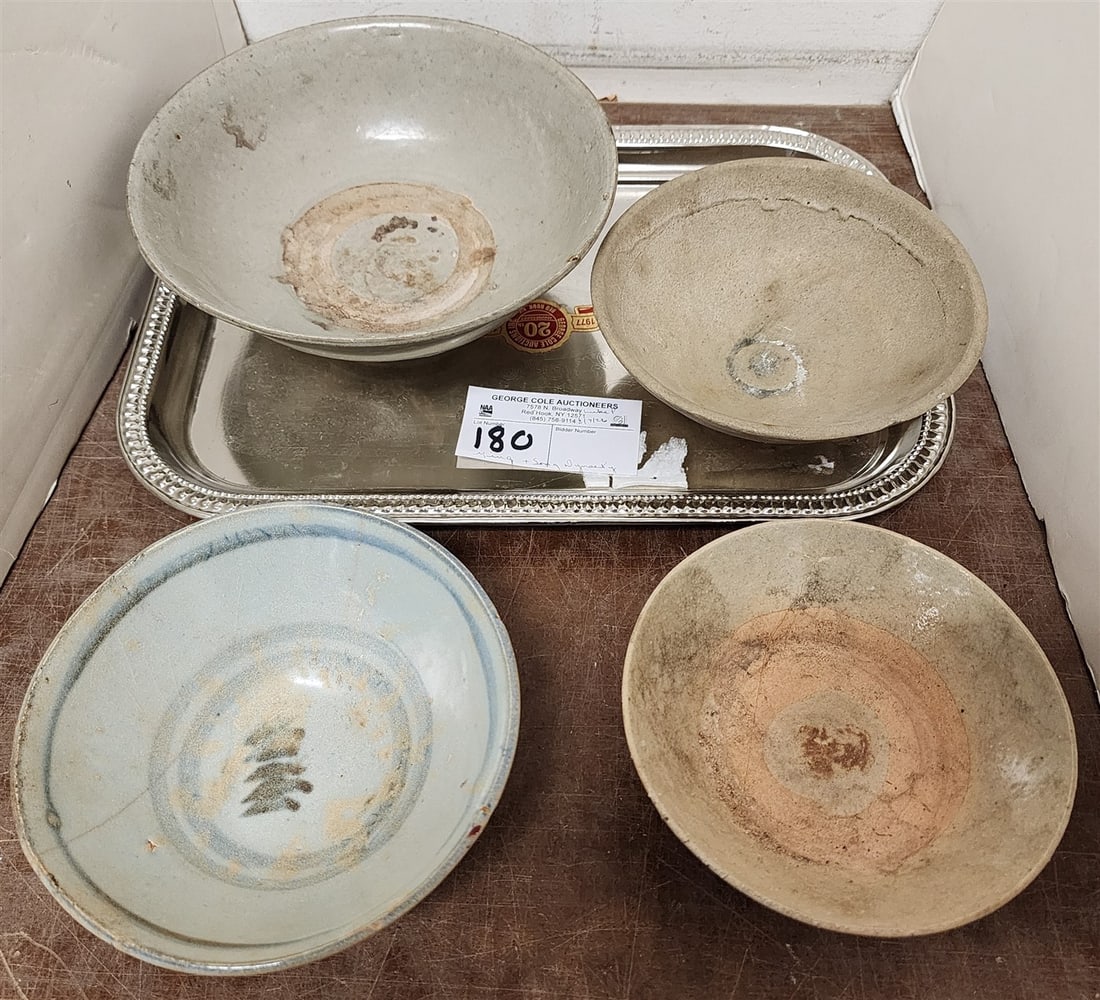 Tray 4 Bowls - Song Dynasty Celadon 2 3/4" H X 7 1/2" Diam., Glazed Bowl 2 1/4" H X 5 1/2" Diam., (1 of 2)