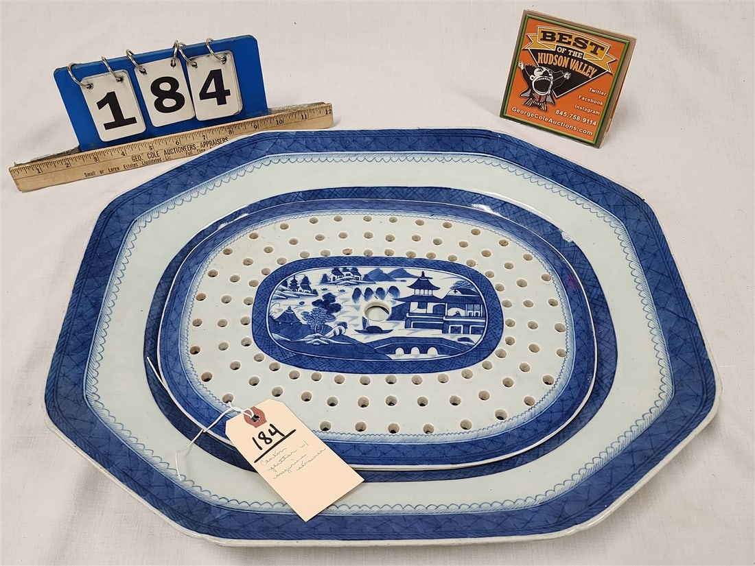 Chinese Export Canton Porcelain Platter 2" H X 18 1/2" W X 15" D w/Pierced Mazarine Stainer 10 1/2" (1 of 3)